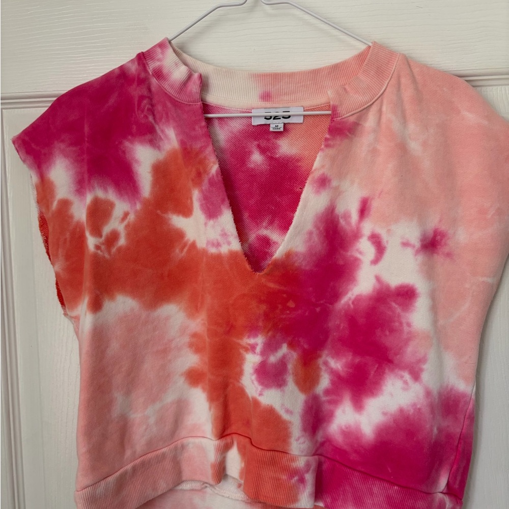 525 America Pink & Orange Tie-Dye V-Neck Cropped Sweatshirt Top